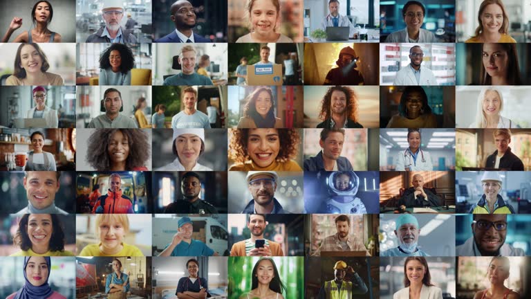 Montage of Happy Multi-Cultural and Multi-Ethnic People of Diverse Background, Gender, Ethnicity, and Occupation Smiling, Looking at Camera. Happy Workers of the World Cheerfully Smiling. Static Shot