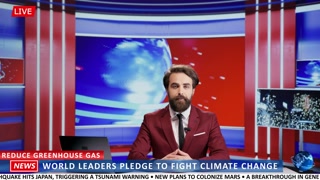 News presenter informs about climate change events, talking about world leaders activists to fight global warming and help environment. Man